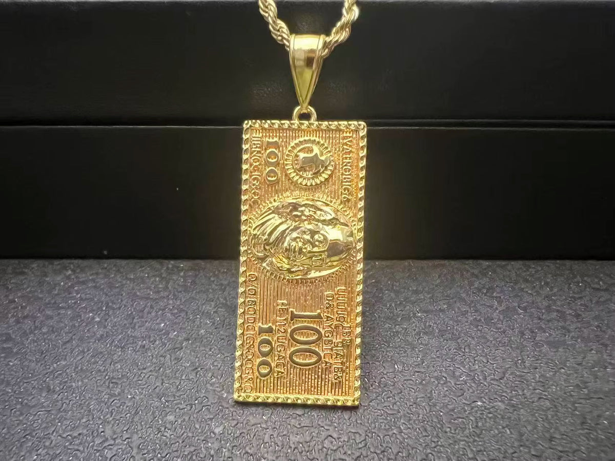 Custom Hip Hop Wholesale Us Dollar Sign Pendants Stainless Steel Gold Dollar Bill Necklace