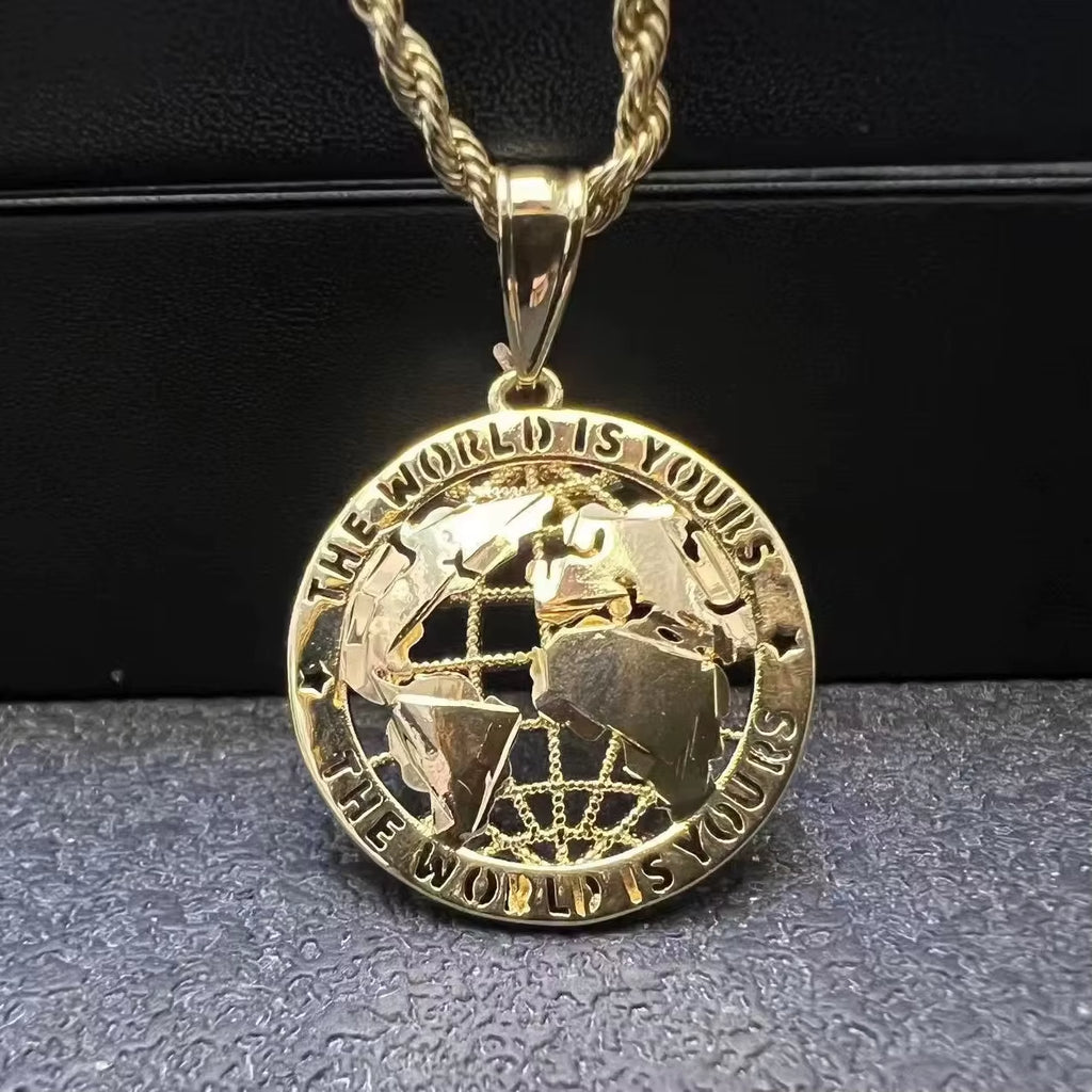 Custom 18K Gold Plated Globe Pendant Charm Necklace for Men World Is Yours Circle round Design Jewelry Minimalist Statement