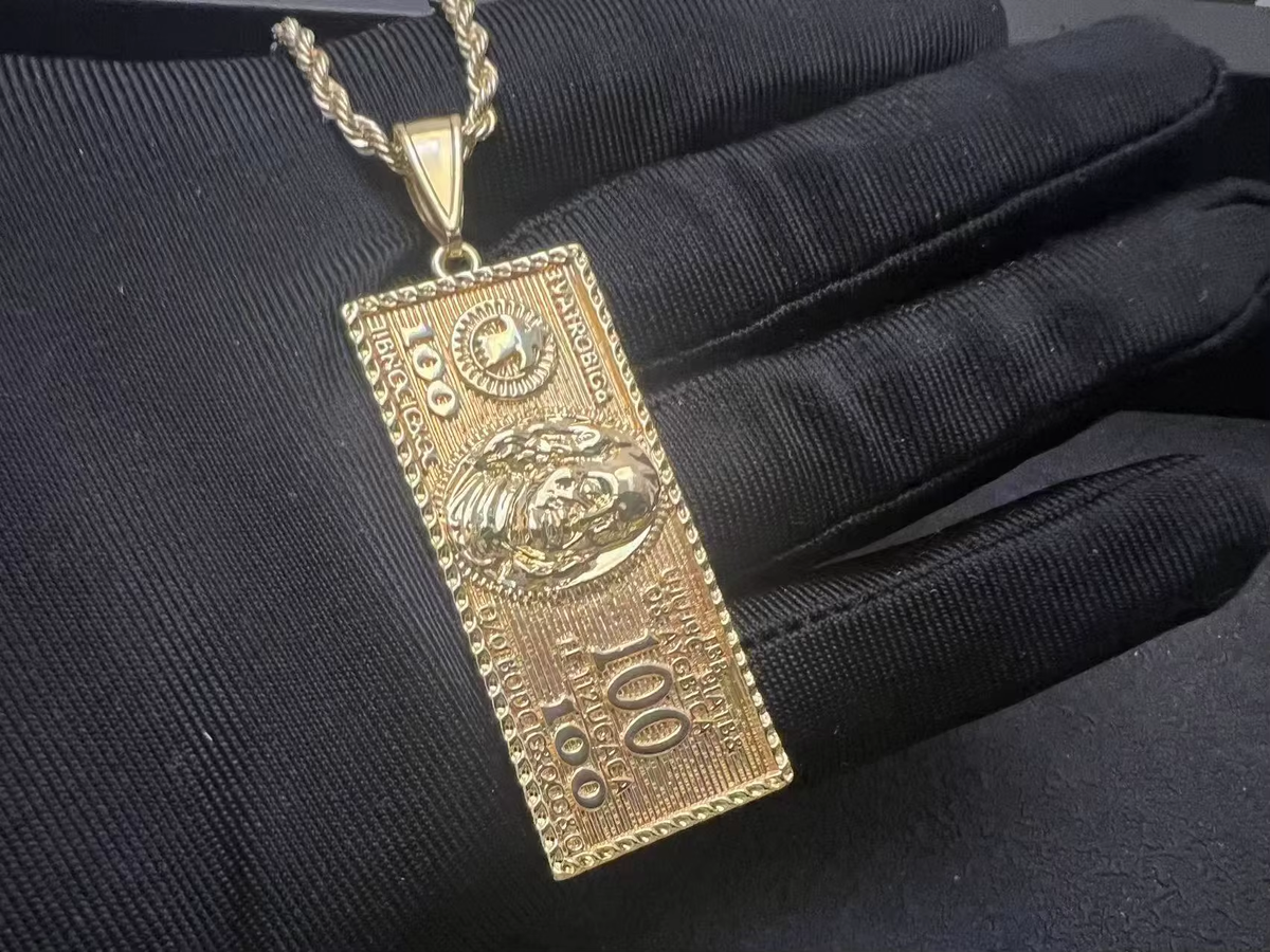 Custom Hip Hop Wholesale Us Dollar Sign Pendants Stainless Steel Gold Dollar Bill Necklace