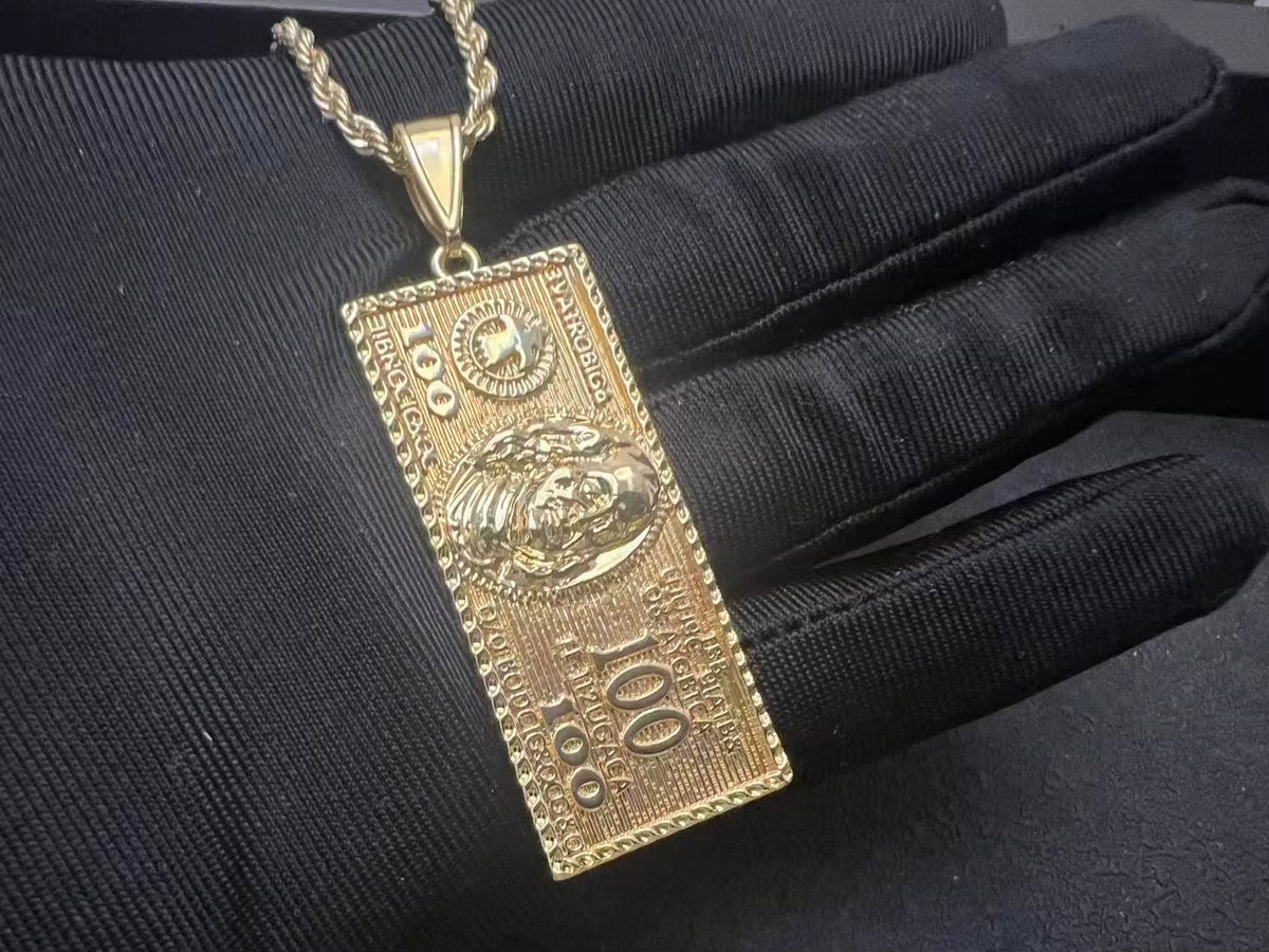 Custom Hip Hop Wholesale Us Dollar Sign Pendants Stainless Steel Gold Dollar Bill Necklace