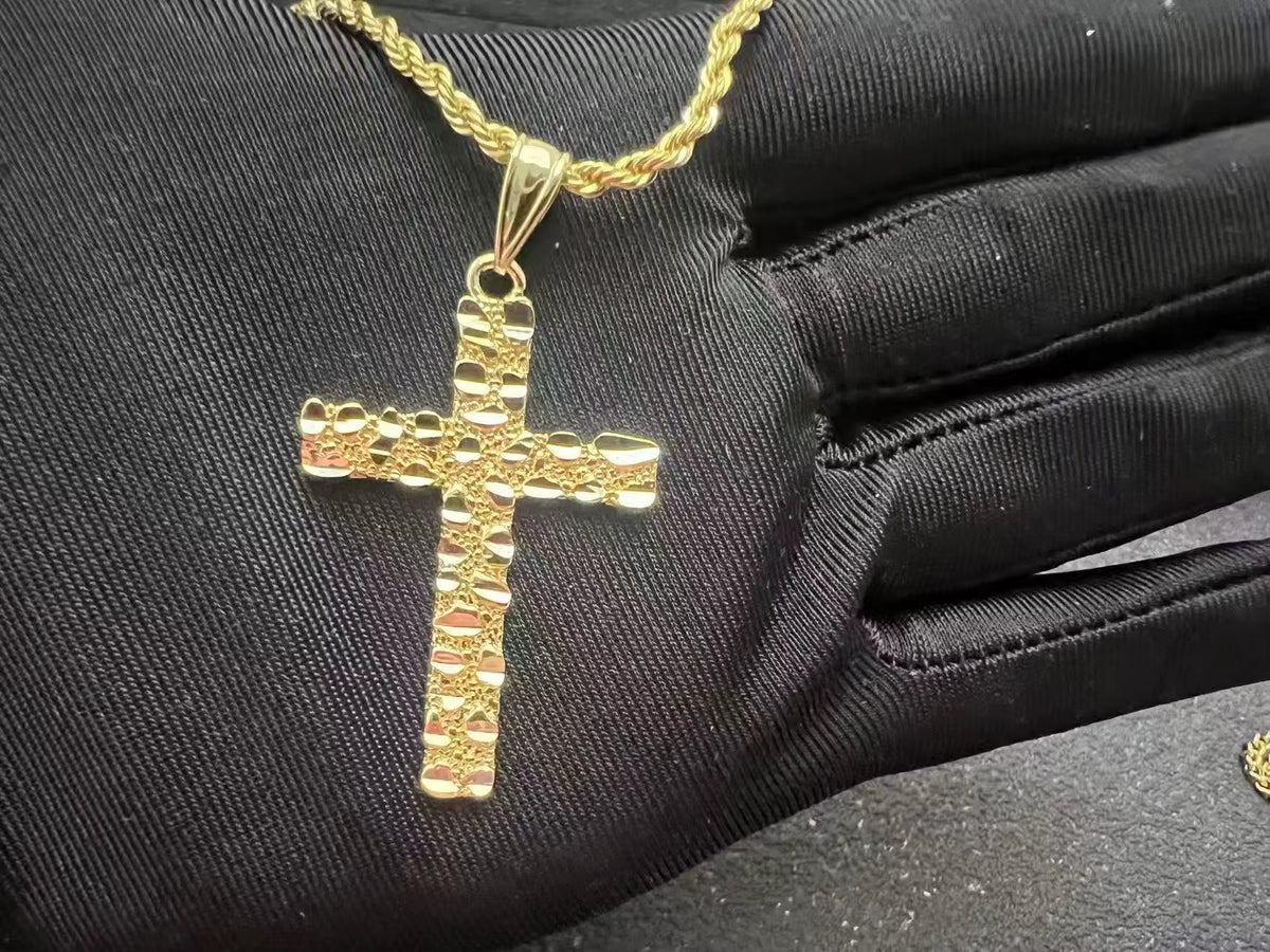 Custom Hip Hop Nugget Cross Jesus Crucifix Pendant Iced Out 14K Gold Plated Finish Religious Fashion Jewelry