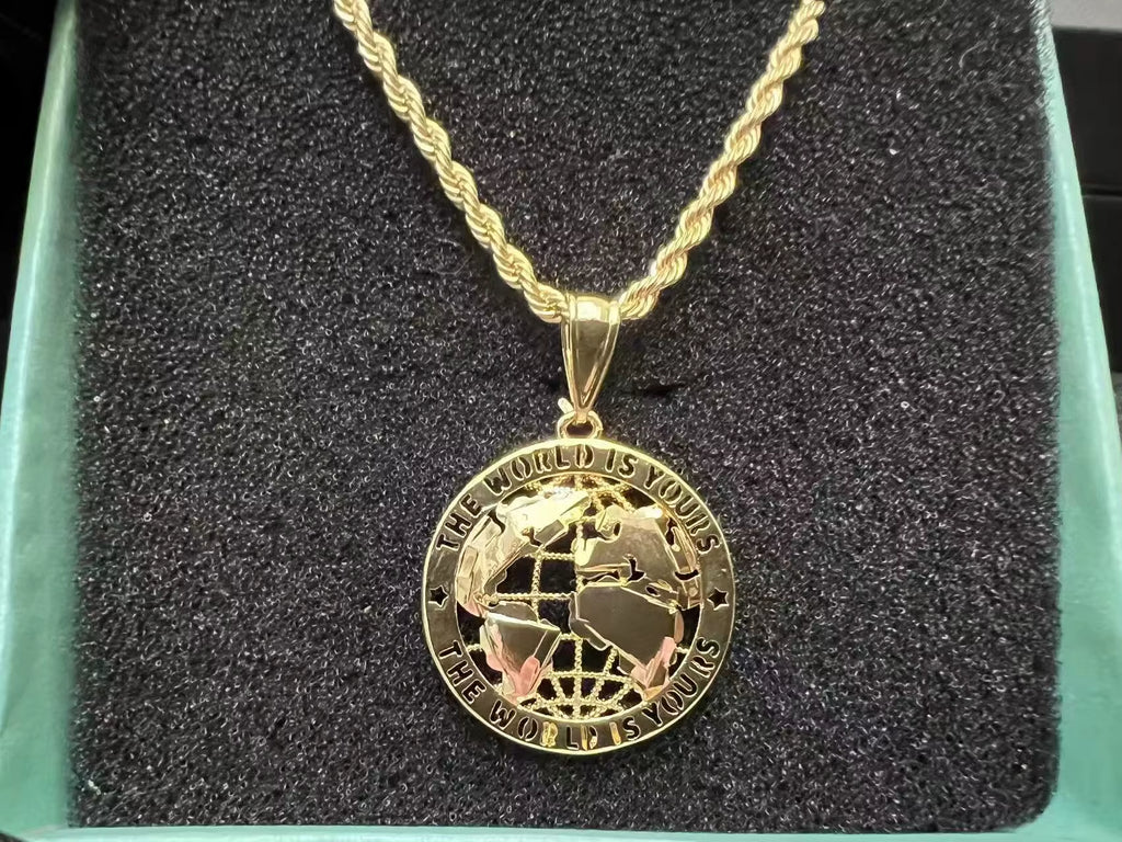 Custom 18K Gold Plated Globe Pendant Charm Necklace for Men World Is Yours Circle round Design Jewelry Minimalist Statement
