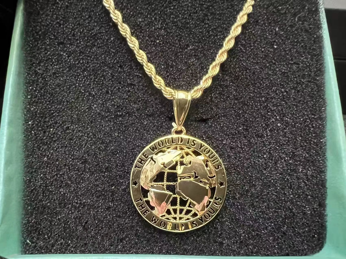 Custom 18K Gold Plated Globe Pendant Charm Necklace for Men World Is Yours Circle round Design Jewelry Minimalist Statement