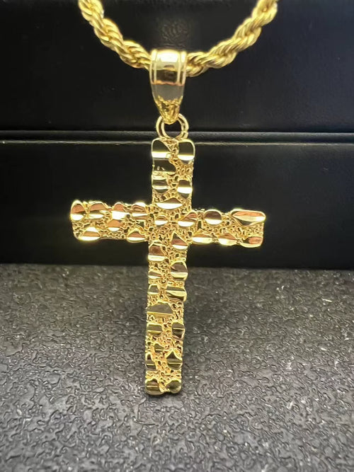 Custom Hip Hop Nugget Cross Jesus Crucifix Pendant Iced Out 14K Gold Plated Finish Religious Fashion Jewelry