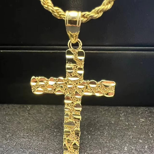 Custom Hip Hop Nugget Cross Jesus Crucifix Pendant Iced Out 14K Gold Plated Finish Religious Fashion Jewelry